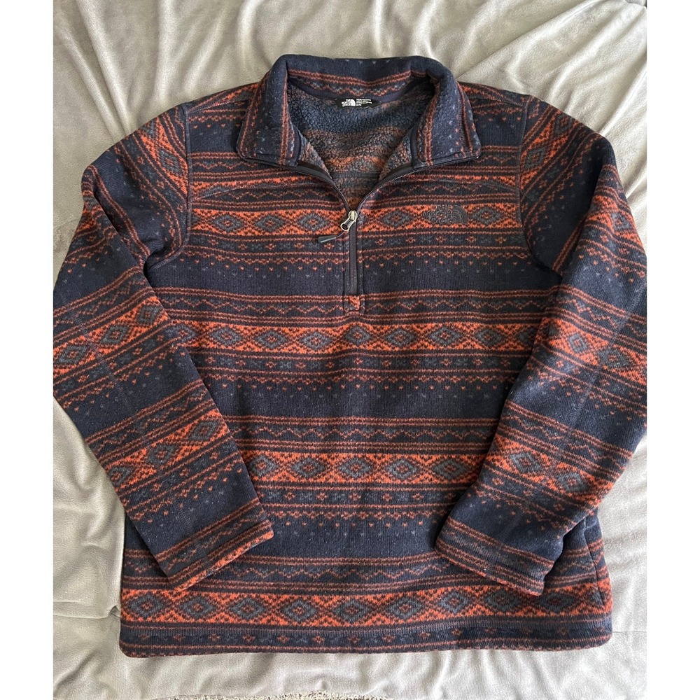 The North Face Mens Fair Isle Fleece Quarter Zip Pullover Orange Navy Blue M - Picture 4 of 11
